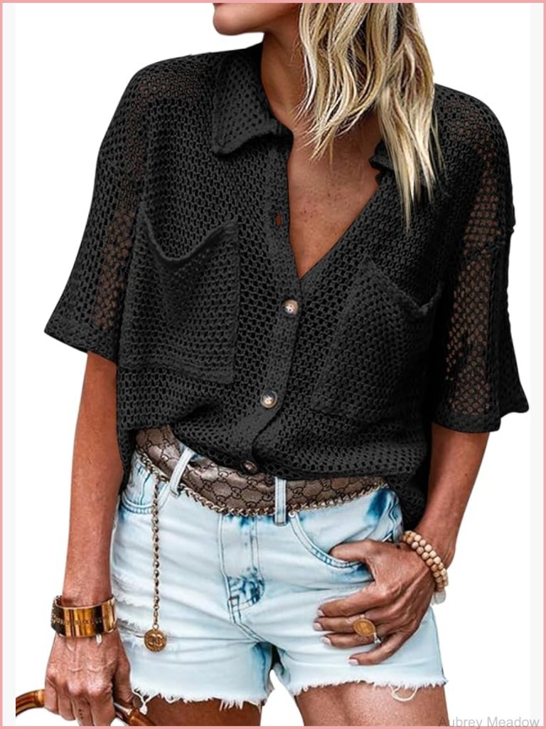 Crochet Lightweight Cardigan Short Sleeve Button Down Cover Up Boho